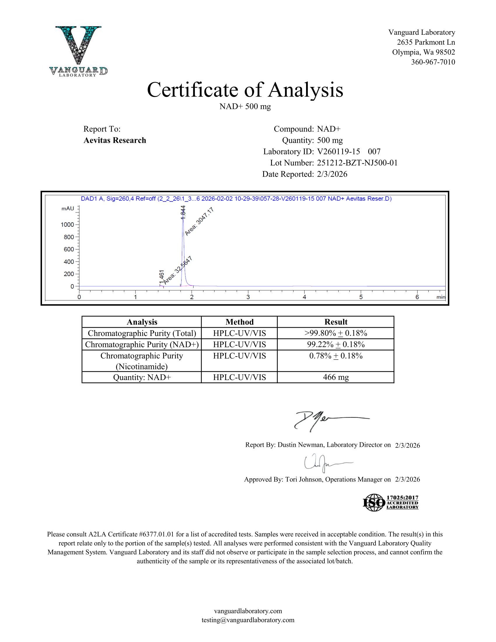 NAD+ 500 mg certificate of analysis